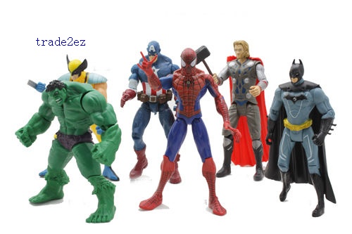 6 pcs Set Marvel The Avengers Wolverine+Captain+Spiderman+Hulk+Batman Figures