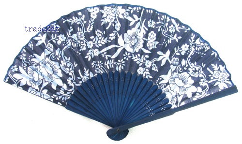 Chinese Silk folding Bamboo Hand Blue Fan Fans Art Handmade Flower