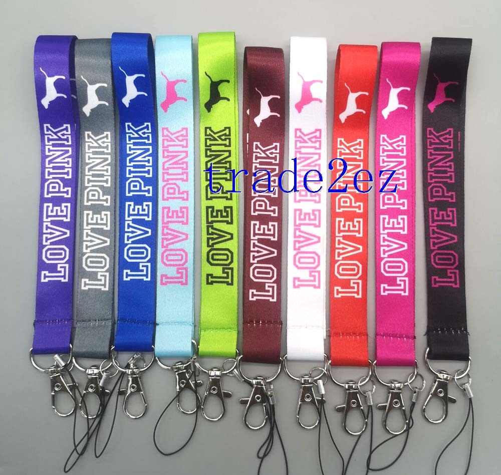 Love Pink Wrist Lanyards Metal Key Ring Nylon Strap Ribbon